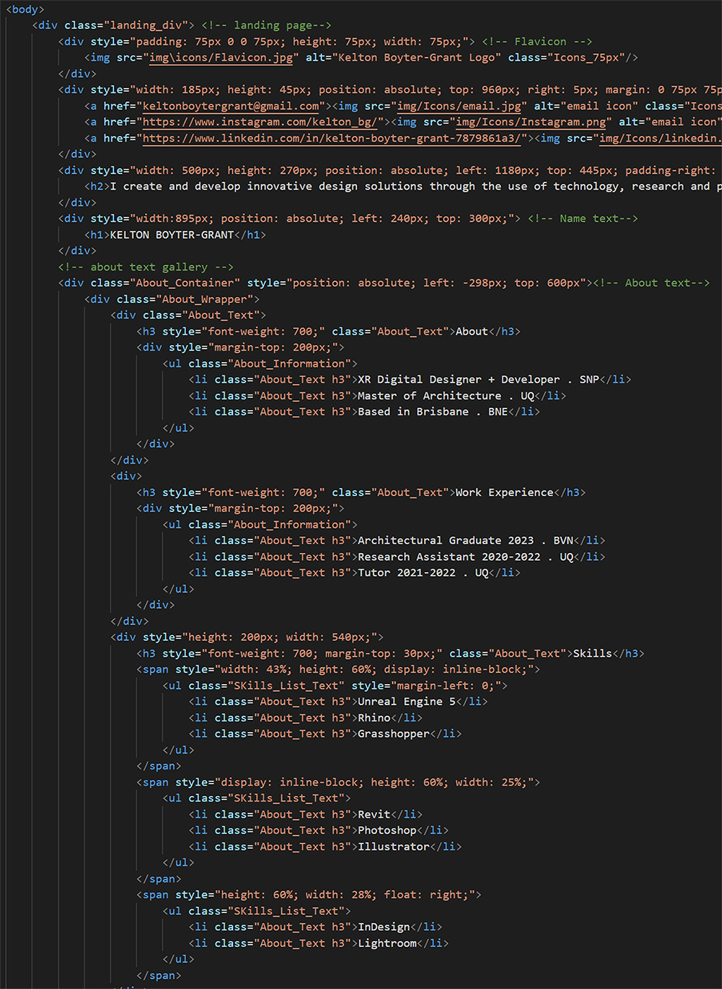 Portfolio example of HTML code